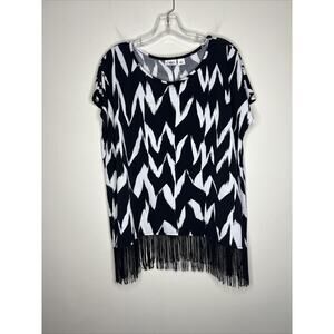 Cato Women’s Blouse Size Large Black White Fringe Hem Short Sleeve Business